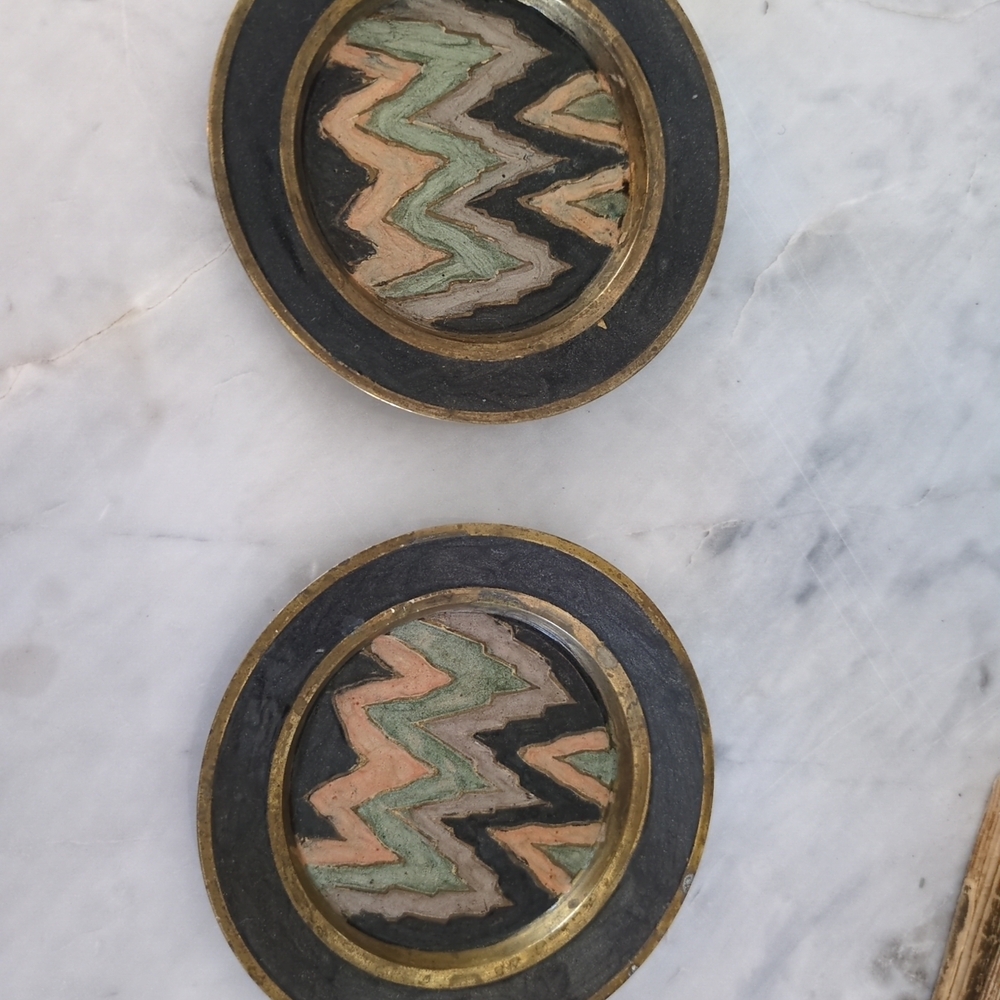 Set Of 2 Vintage Solid Brass Coasters w/ Painted Design- Made In India
